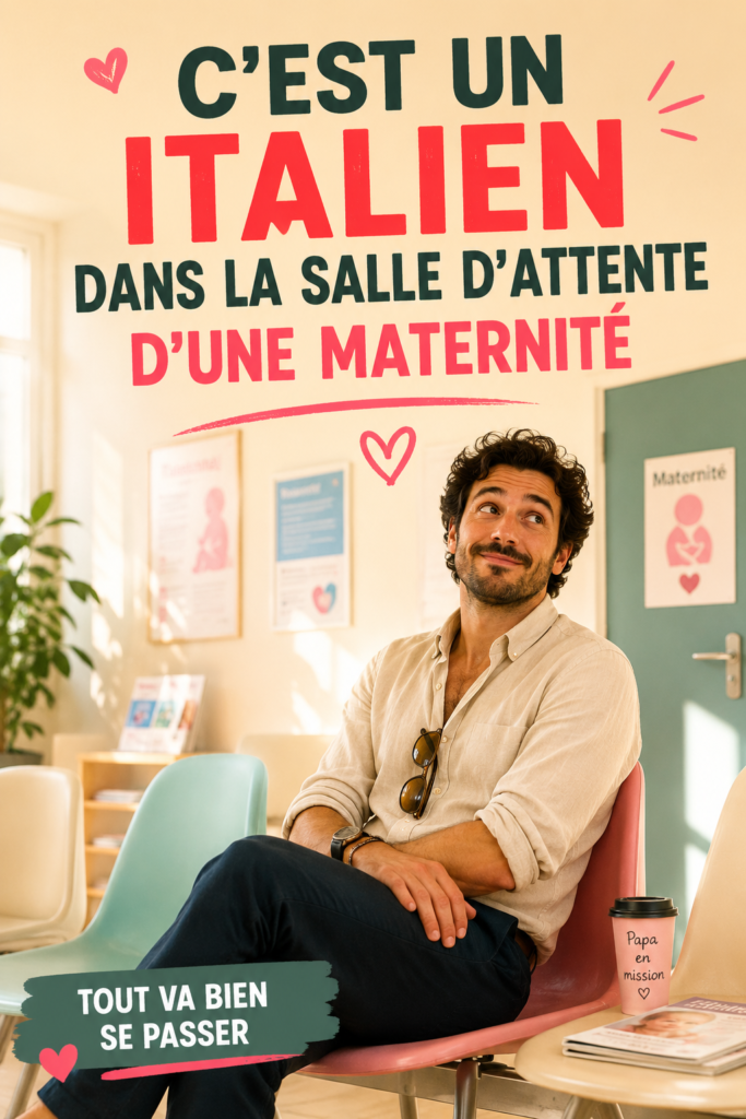 Image humoristique illustrant les surprises en maternité, avec un couple souriant dans une salle d'attente.