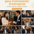Photographe capturant un événement d'entreprise avec des invités souriants.