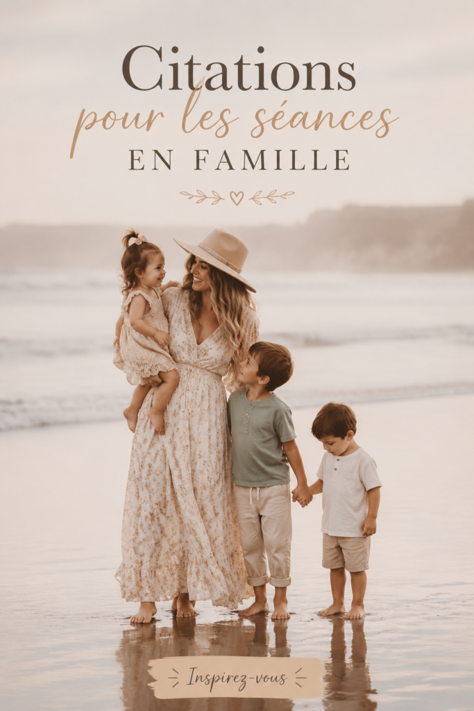 Séance photo familiale avec des citations inspirantes en arrière-plan.