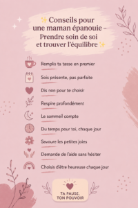 Maman heureuse se relaxant dans un espace serein, symbole de bien-être maternal.