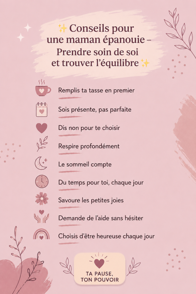Maman heureuse se relaxant dans un espace serein, symbole de bien-être maternal.