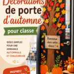 Porte d'une classe décorée avec des feuilles d'automne et des citrouilles.