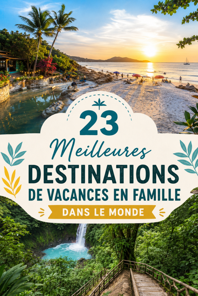 Une famille heureuse découvrant une destination de vacances en plein air.