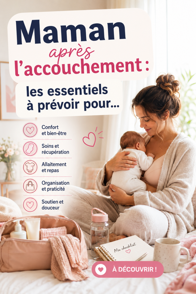 Femme souriante tenant son bébé, entourée de produits essentiels pour le postpartum.