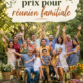 Famille réunie autour d'une table de jeux, avec des prix festifs en vue.