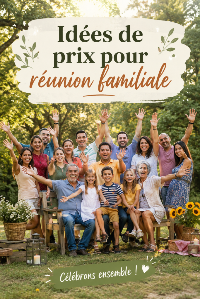 Famille réunie autour d'une table de jeux, avec des prix festifs en vue.