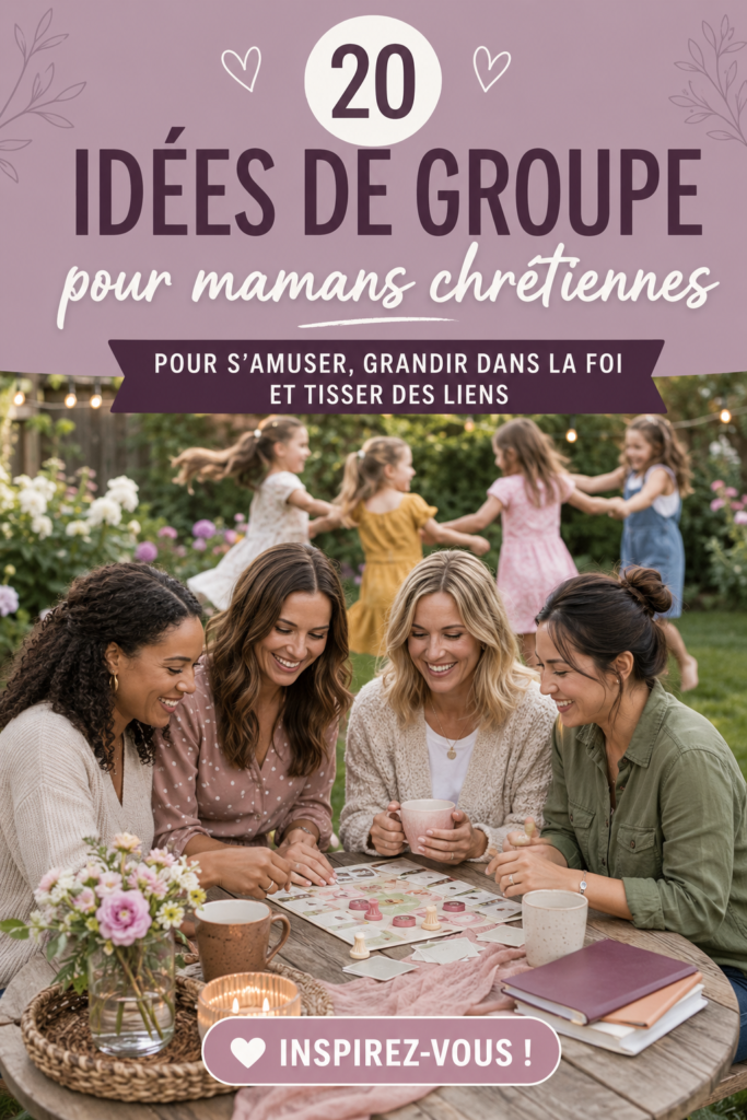 Groupe de mamans chrétiennes réunies autour d'une table, partageant des rires et des idées.