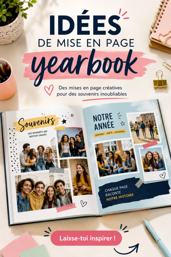 Couverture d'un yearbook avec une mise en page créative et attrayante.
