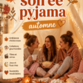 Une famille s'amusant lors d'une soirée pyjama d'automne avec des coussins et des couvertures.