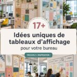 Un tableau en liège personnalisé avec des notes colorées et des photos dans un bureau lumineux.