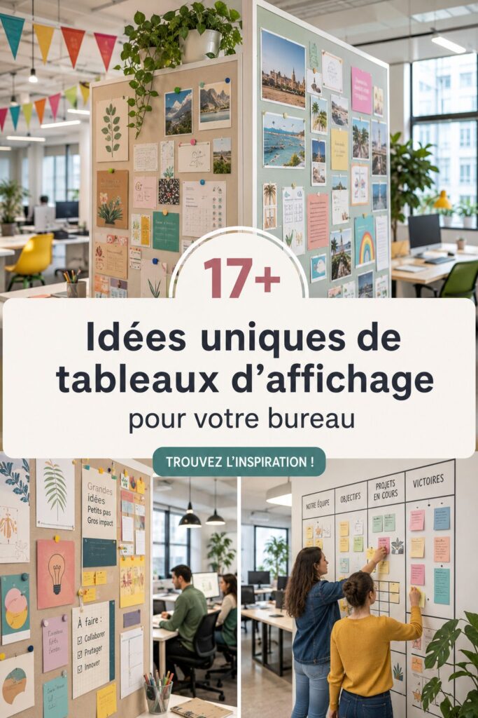 Un tableau en liège personnalisé avec des notes colorées et des photos dans un bureau lumineux.