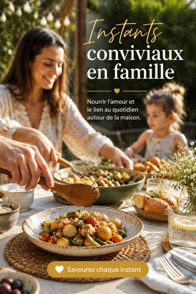 Repas en famille autour d'une table chaleureuse avec des plats faits maison