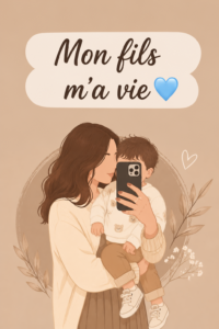 Une maman heureuse tenant son fils dans les bras, symbole de bonheur familial.