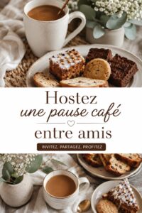 Une table décorée pour un café entre amis, avec des tasses de café et des douceurs.