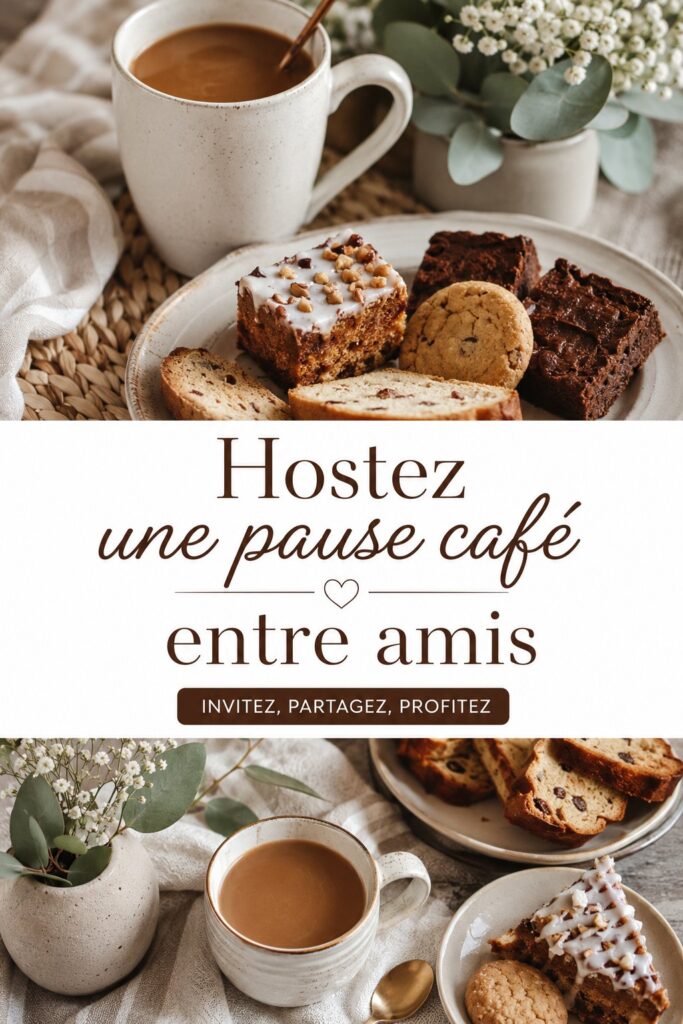 Une table décorée pour un café entre amis, avec des tasses de café et des douceurs.