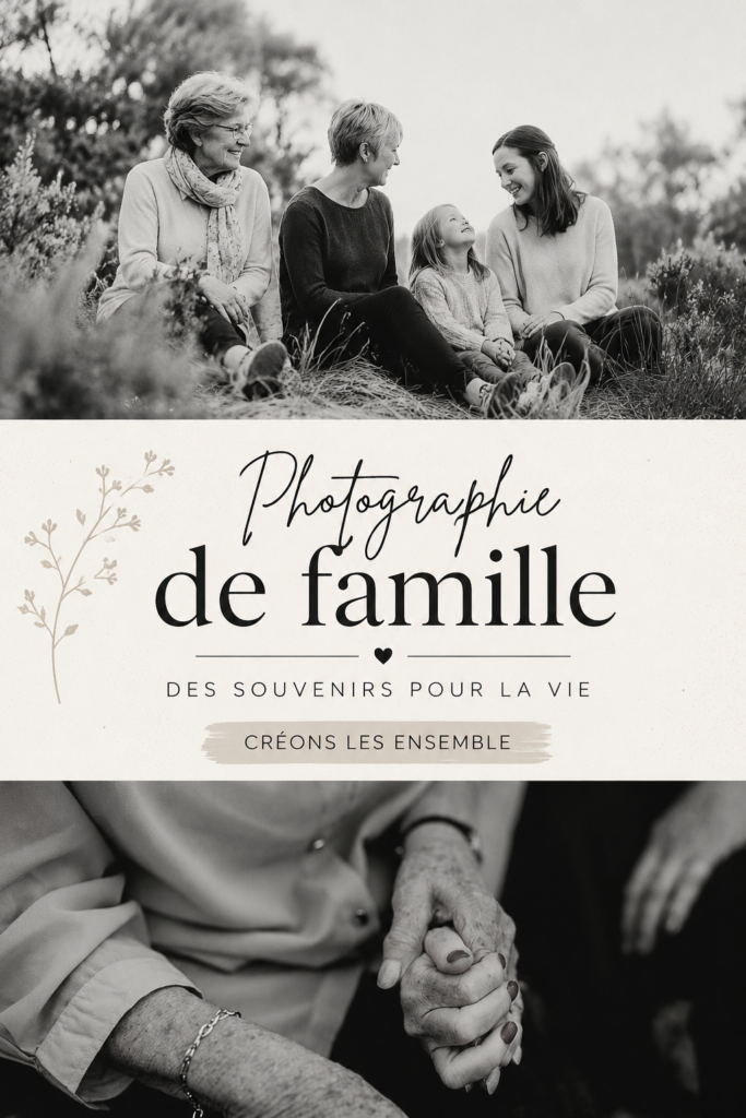 Photo d'une famille intergénérationnelle réunie pour une séance photo en extérieur.