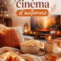 Une scène chaleureuse d'une soirée cinéma en famille avec des coussins et des plaids.
