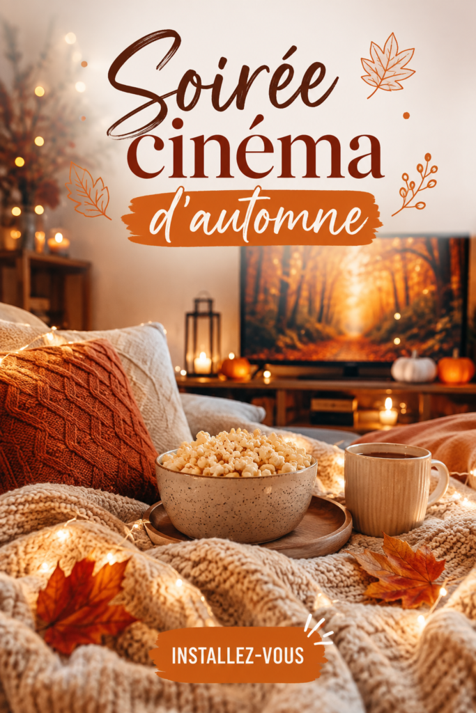 Une scène chaleureuse d'une soirée cinéma en famille avec des coussins et des plaids.