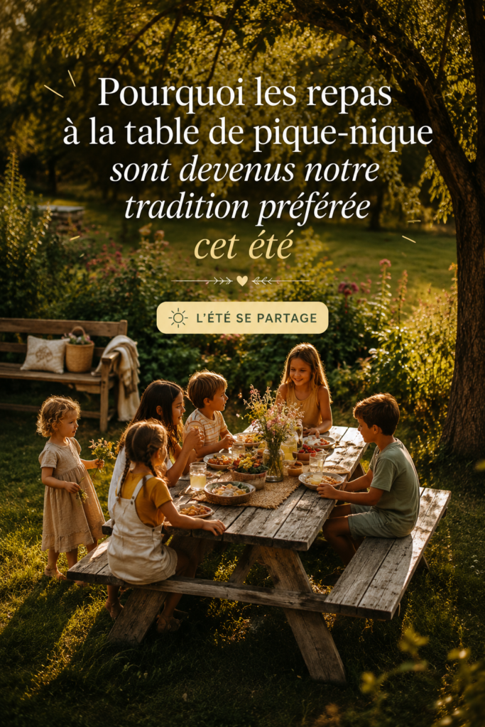 Pique-nique familial dans un parc en été, avec des rires et des jeux.