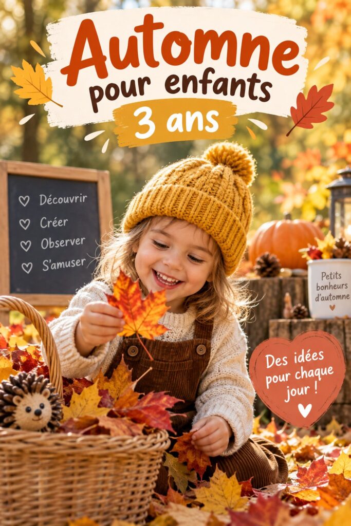 Un enfant de 3 ans ramassant des feuilles colorées pendant une balade automnale.