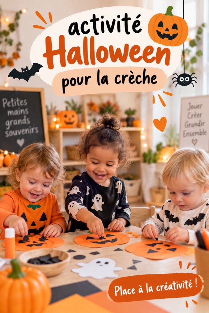 Des enfants en crèche participant à une activité d'Halloween créative.