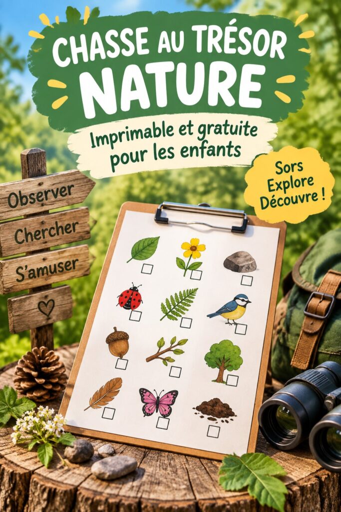 Chasse au trésor nature pour enfants avec des objets à chercher