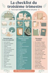 Checklist pour le dernier trimestre de grossesse avec des éléments essentiels à préparer avant l'arrivée de bébé.
