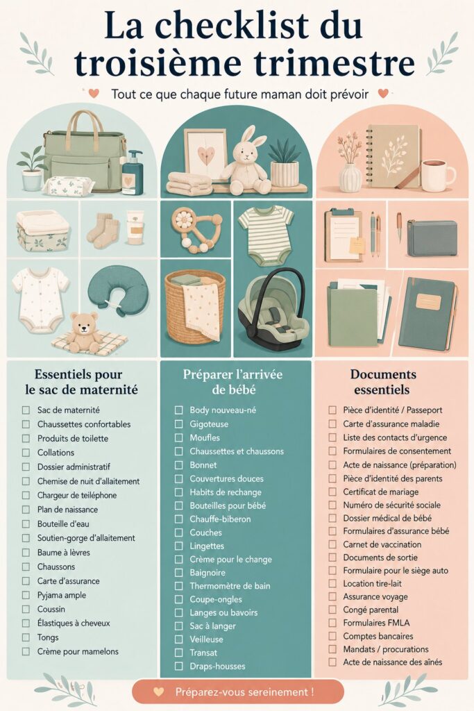 Checklist pour le dernier trimestre de grossesse avec des éléments essentiels à préparer avant l'arrivée de bébé.