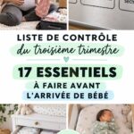 Checklist du 3ème trimestre pour la préparation à l'arrivée de bébé, avec des objets de puériculture en arrière-plan.