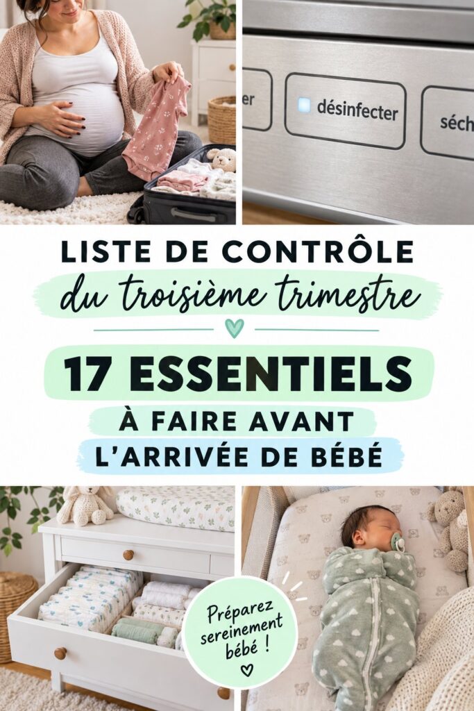 Checklist du 3ème trimestre pour la préparation à l'arrivée de bébé, avec des objets de puériculture en arrière-plan.