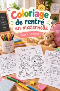 Un enfant colorie une page d'un livre avec des motifs d'école pour la rentrée.