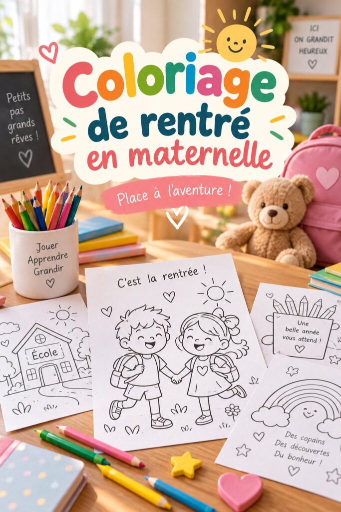 Un enfant colorie une page d'un livre avec des motifs d'école pour la rentrée.