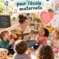 Un groupe d'enfants chantant des comptines en classe avec un enseignant
