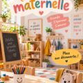 Un enfant heureux préparant son sac d'école pour la maternelle, entouré de fournitures scolaires colorées.