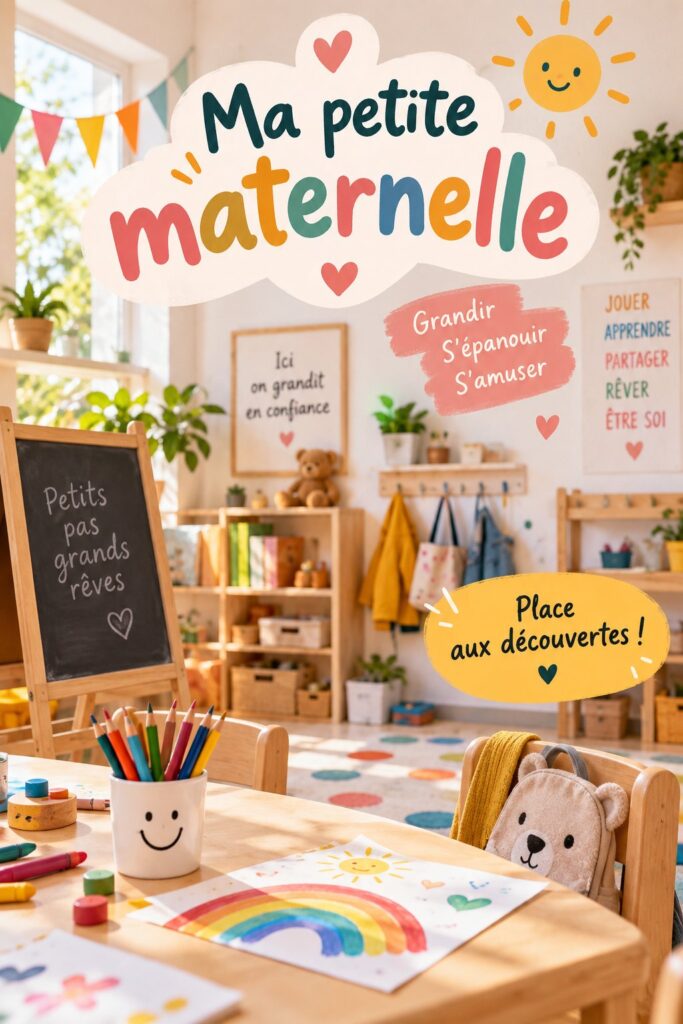 Un enfant heureux préparant son sac d'école pour la maternelle, entouré de fournitures scolaires colorées.