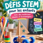 Enfants réalisant un défi STEM avec des matériaux recyclés à la maison.