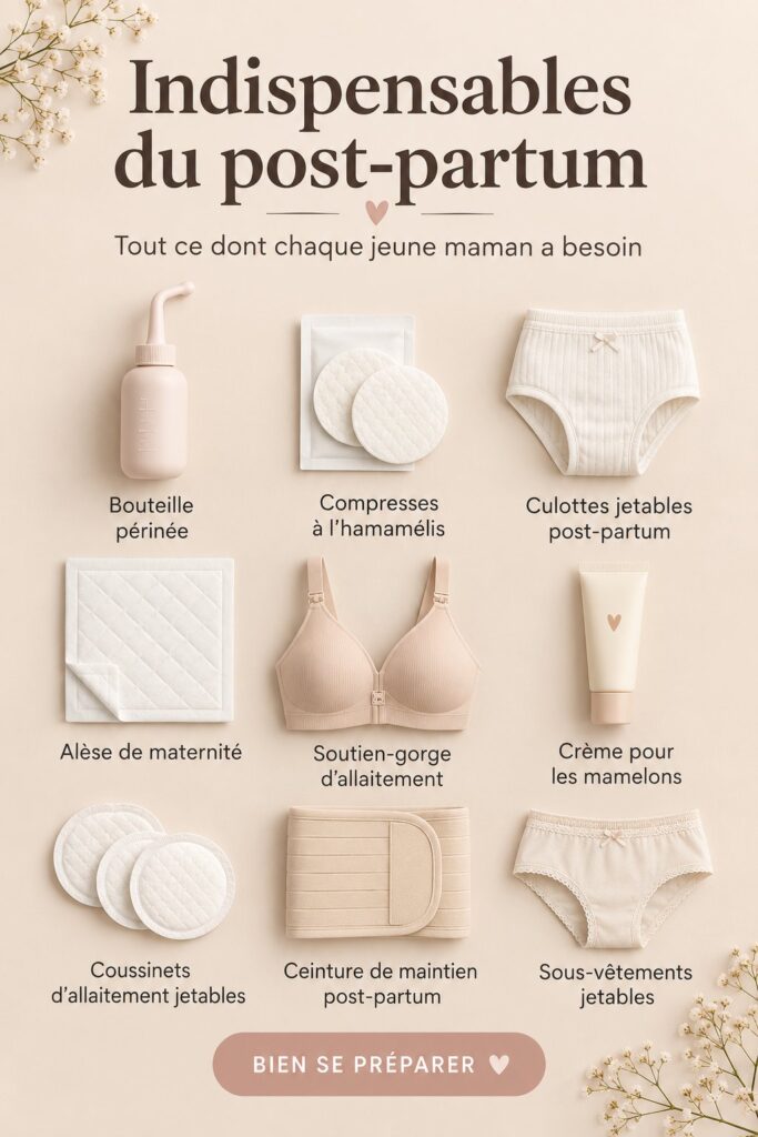 Essentiels du post-partum pour nouvelles mamans avec divers produits organisés.