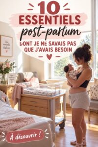 Une maman heureuse entourée des essentiels postpartum sur une table.