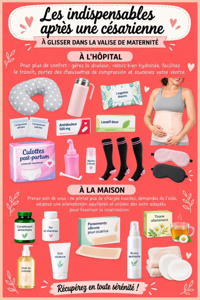 Femme avec un nouveau-né se reposant après une césarienne, entourée de ses essentiels pour la récupération.