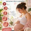Illustration des étapes clés de la grossesse avec des images symboliques de chaque trimestre.