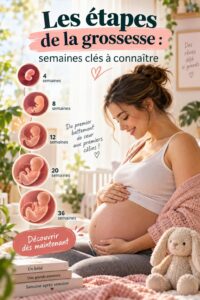 Illustration des étapes clés de la grossesse avec des images symboliques de chaque trimestre.