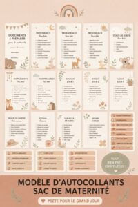 Étiquettes colorées pour un sac de maternité personnalisé avec des articles essentiels pour maman et bébé.
