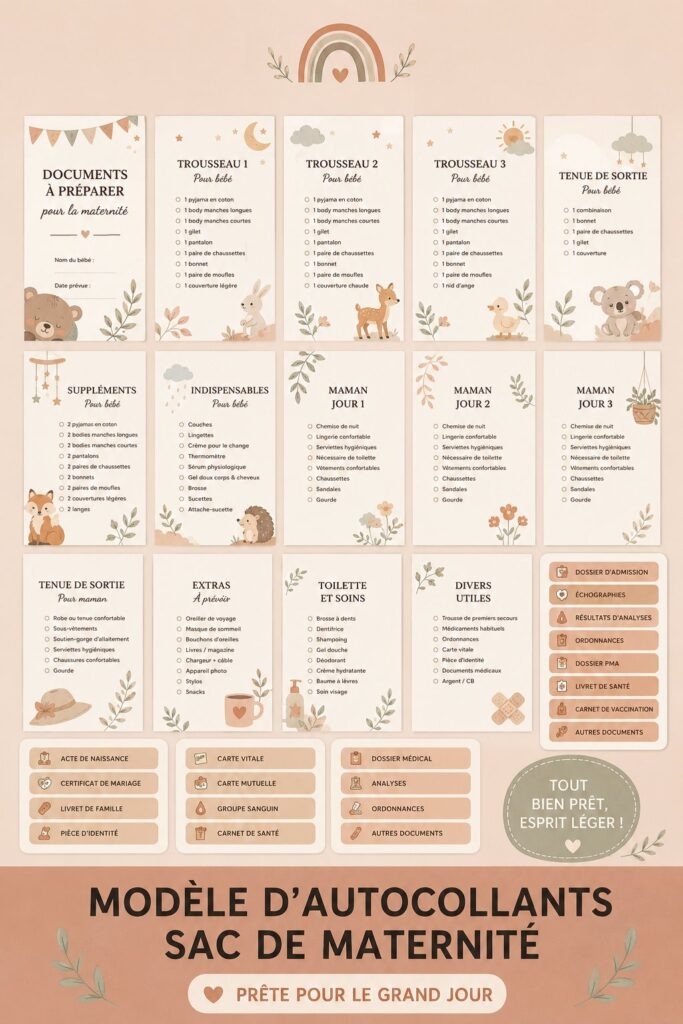 Étiquettes colorées pour un sac de maternité personnalisé avec des articles essentiels pour maman et bébé.