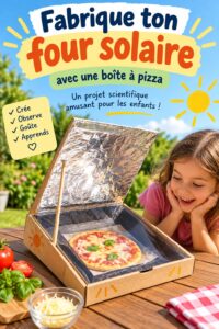 Un four solaire DIY fabriqué à partir d'une boîte à pizza avec des enfants souriants.