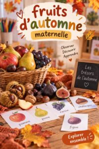 Un enfant découvrant des pommes et des poires d'automne dans un panier