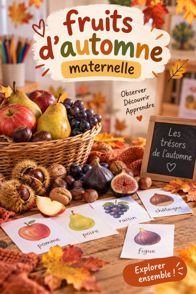 Un enfant découvrant des pommes et des poires d'automne dans un panier