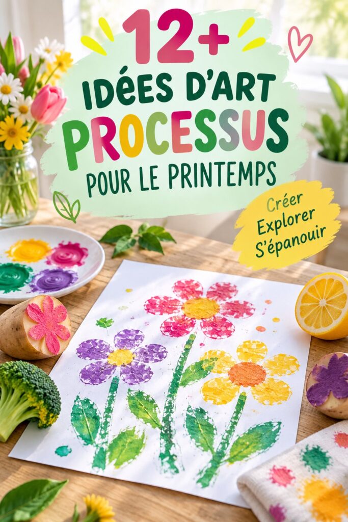 Un groupe d'enfants créant des œuvres d'art avec des matériaux recyclés au printemps.