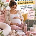 Une future maman souriante entourée de produits indispensables pour la grossesse.