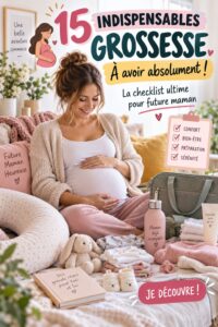 Une future maman souriante entourée de produits indispensables pour la grossesse.