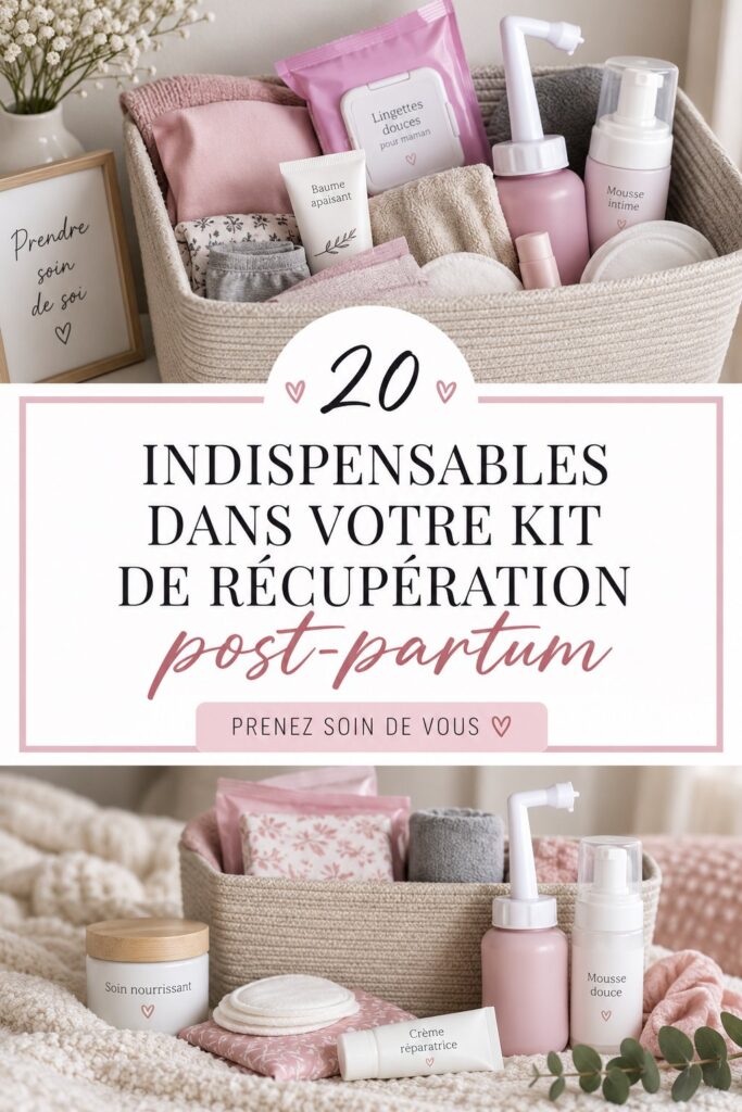Des produits essentiels pour le kit de récupération postpartum sur une table